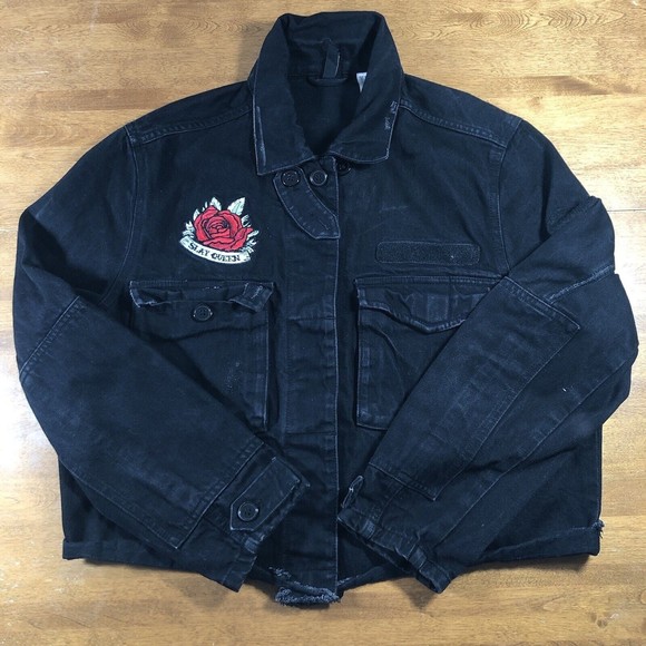Divided by H&M Black Patch Jean Jacket Sexy Queen Womens Size 14 (22pit2pit,22L) - Picture 1 of 11